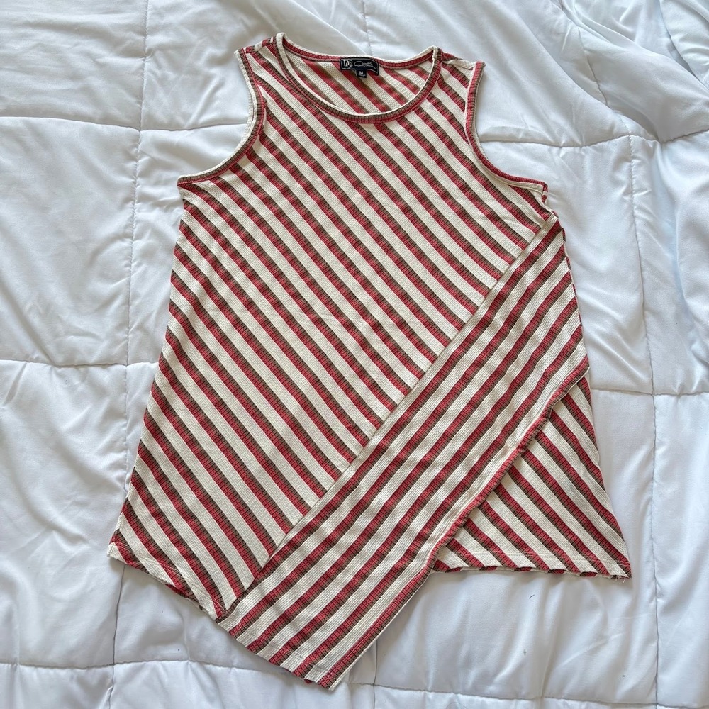 DG2 Diane Gilman Tank Top Womens Medium Red Brown Striped Waffle Knit Beachy